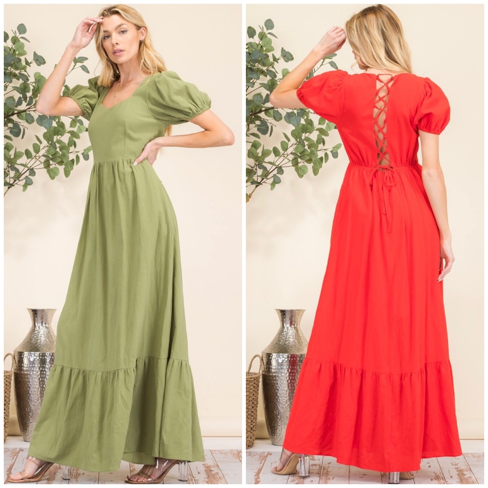 HYFVE Boho Chic Olive Green Puff Sleeves Tiered Maxi Dress - Picture 2 of 7